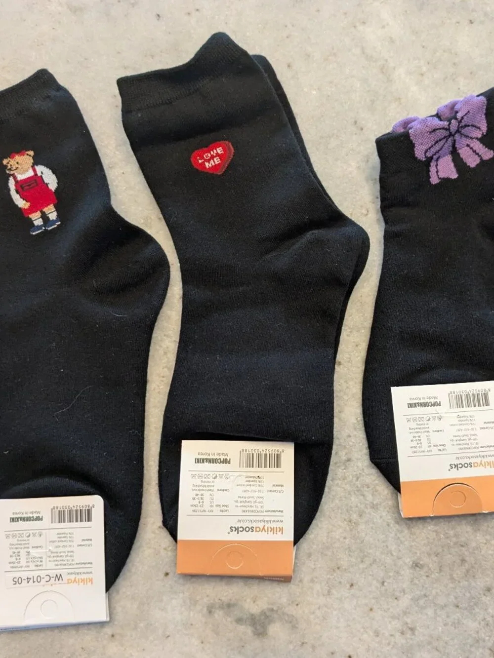 Kikiya Socks NWT 3 Pack Black Teddy Bear Love Heart Purple Bow Women 23-25cm